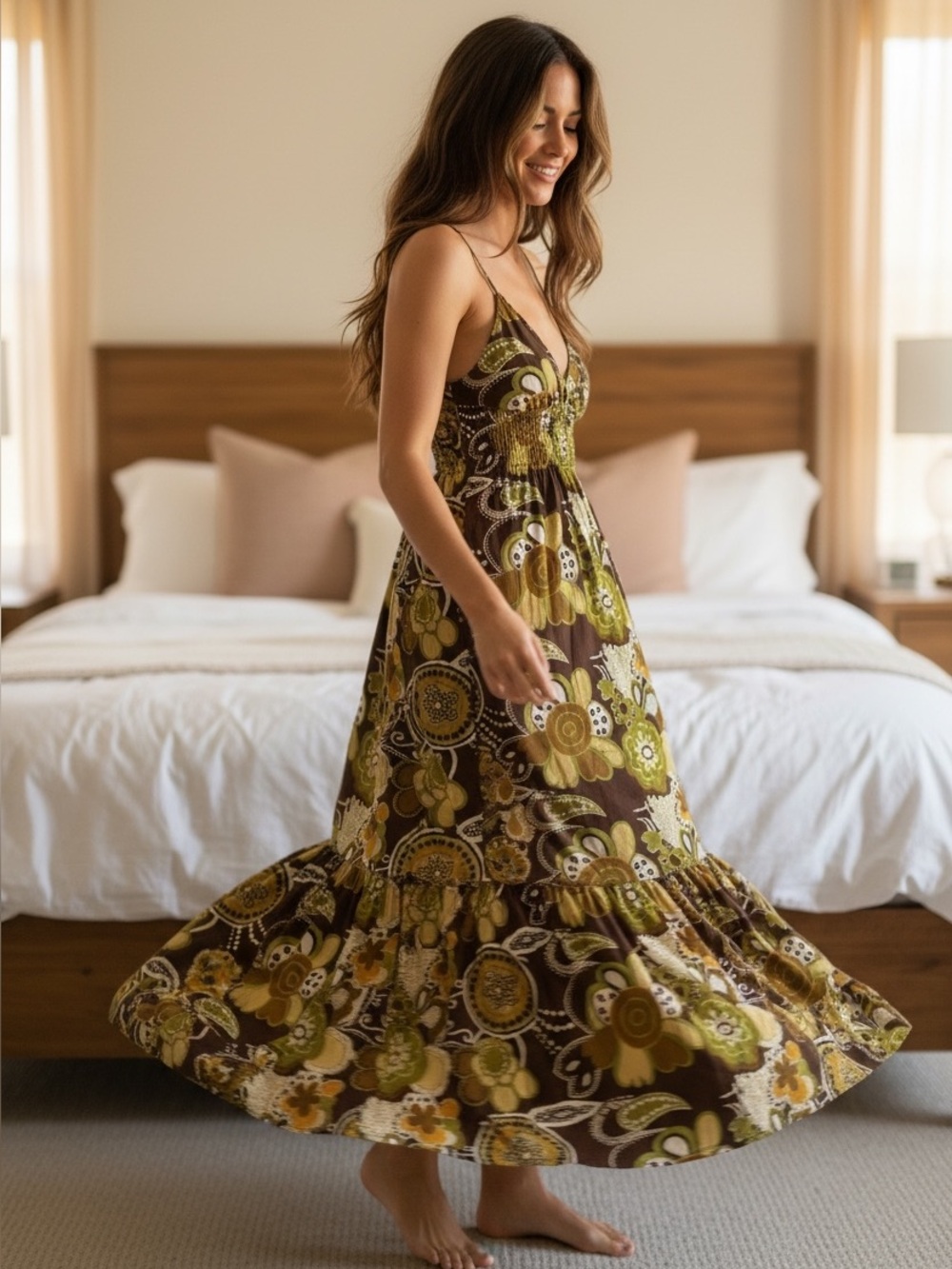 Boho Print 100% Cotton Smocked Whimsical Romantic Maxi Dress Green Brown Size M - Picture 4 of 5
